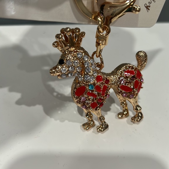 Fashion Jewelry Accessories - Cute poodle keychain with gold crown, pink, red and white rhinestones.